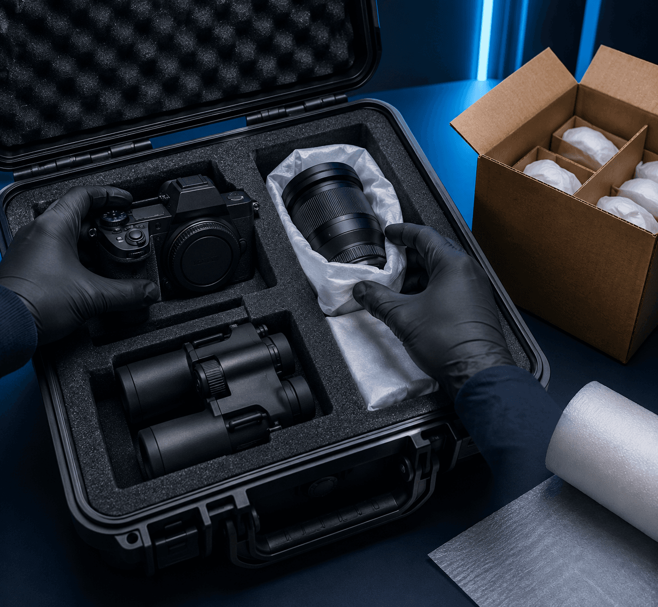 OpticMart precision cameras and binoculars packaged for secure delivery